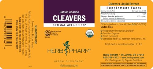 Herb Pharm Cleavers extract label with HPTLC potency assurance.