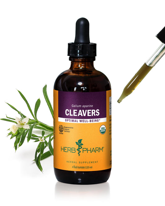 Herb Pharm Cleavers Liquid Extract bottle with dropper for easy, precise dosing.