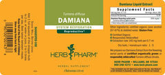 Herb Pharm Damiana flower bottle emphasizes sustainably wildcrafted harvest.