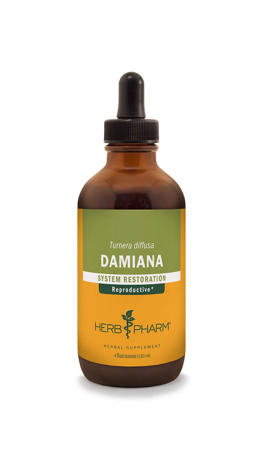 Herb Pharm Damiana leaf bottle shows certified organic sourcing for trusted use.