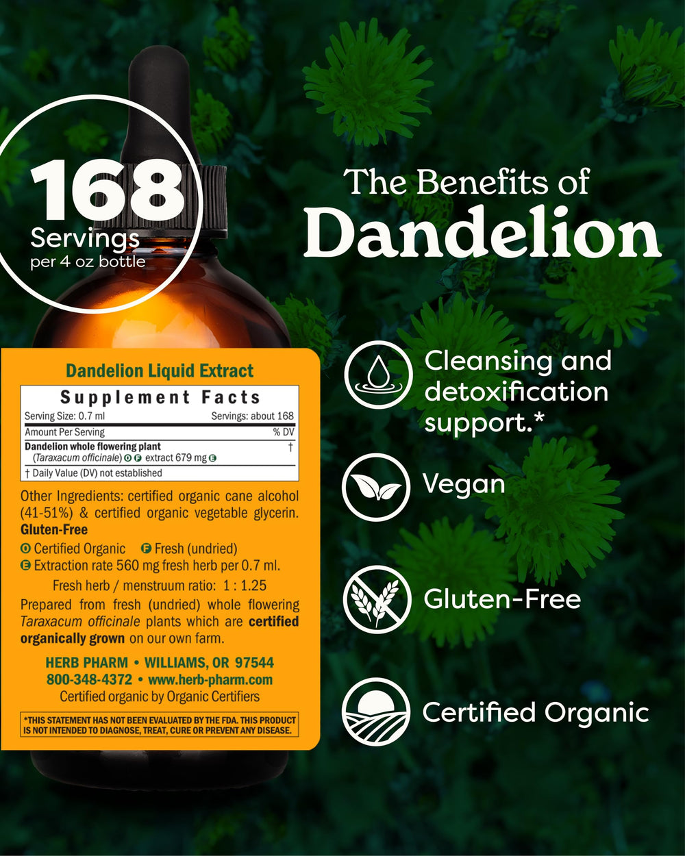 Herb Pharm dandelion liquid extract bottle pour into water for easy dosing