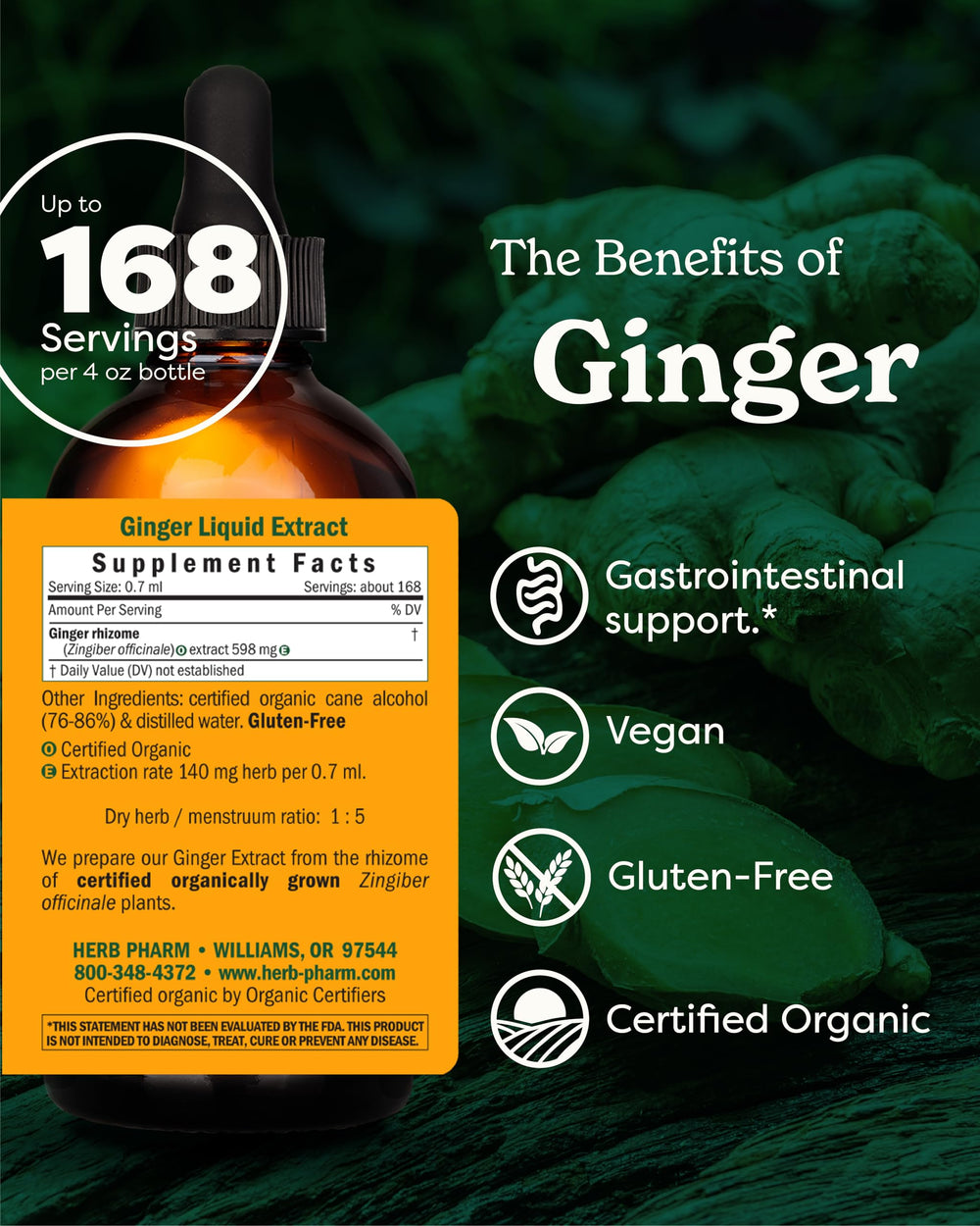 Dropper poised with ginger extract enables precise dosing for occasional nausea.