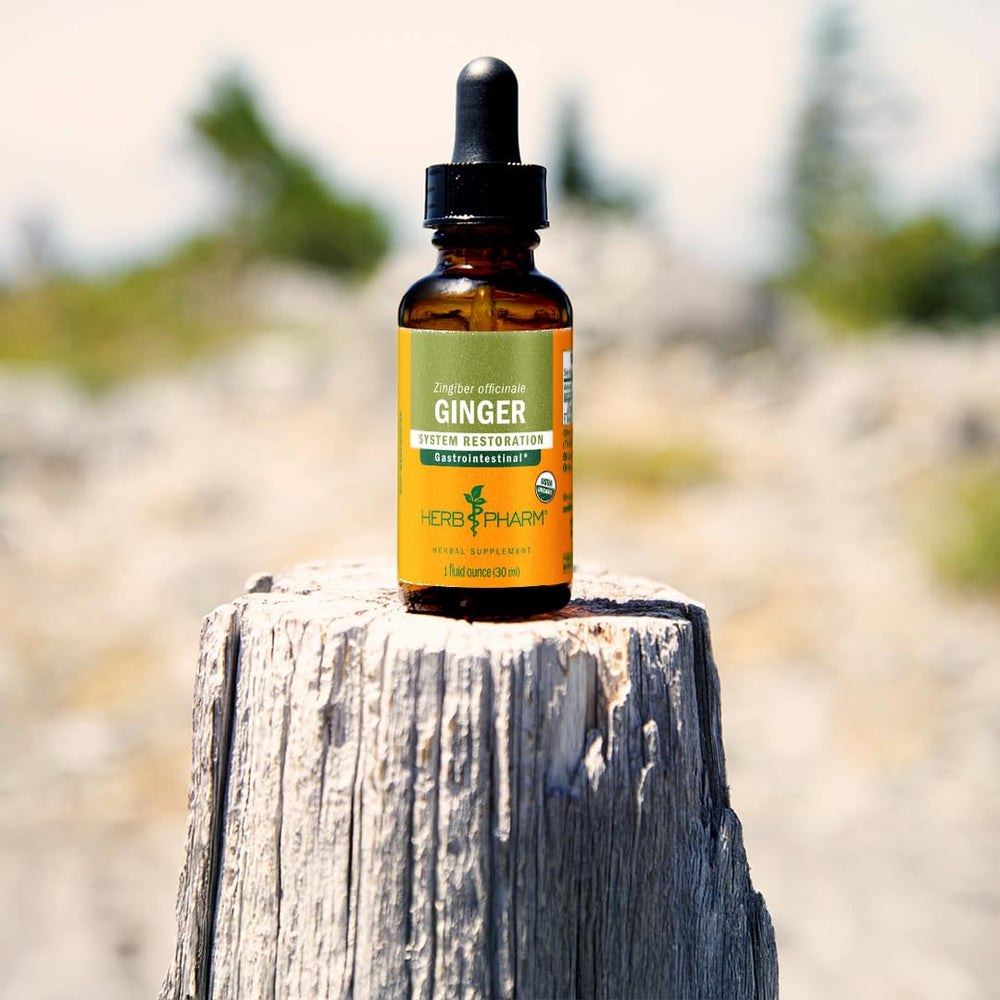 Herb Pharm ginger root extract label confirms organic origin and potency testing.