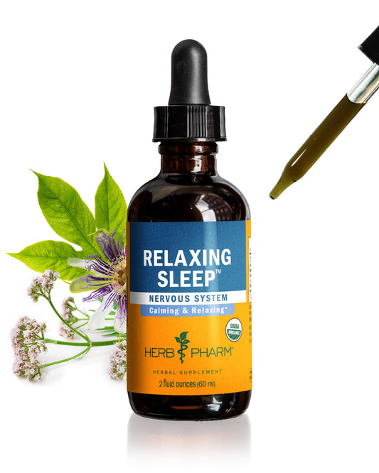Herb Pharm Relaxing Sleep bottle label close-up highlighting the herbal blend for calm evenings