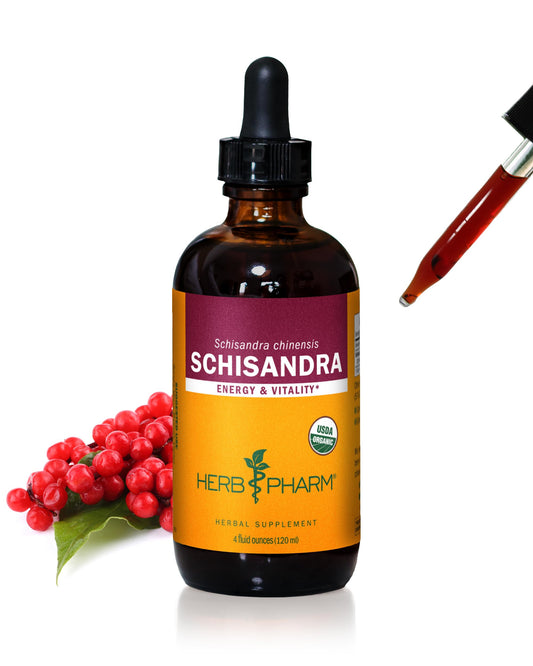 Herb Pharm Schisandra berry liquid extract bottle shows rich amber color for daily herbal support.