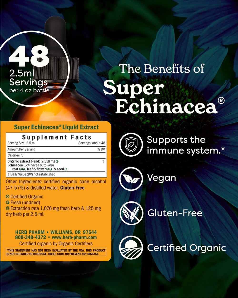 Herb Pharm Super Echinacea label shows organic farming and blend.