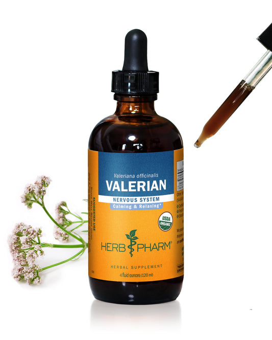 Herb Pharm Valerian Root Liquid Extract bottle close-up for relaxation support.