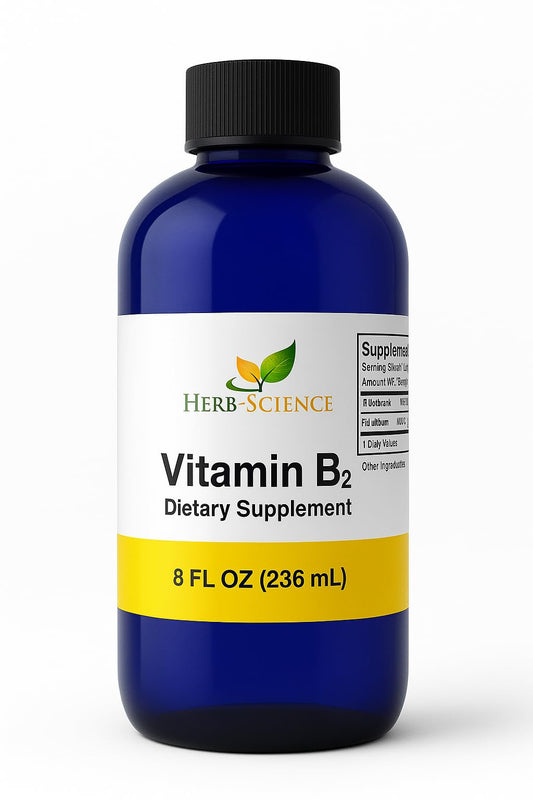 Herb-Science Vitamin B2 Drops bottle pour for natural energy support.