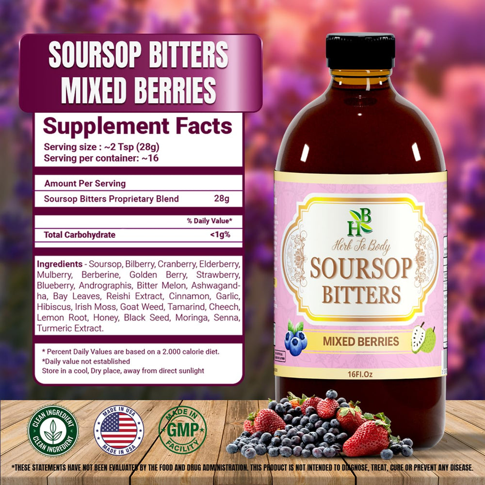 Herb To Body Soursop Bitter Liquid ingredients closeup showing wildcrafted leaves and berries for natural flavor