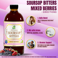 Herb To Body Soursop Bitter Liquid label closeup, wildcrafted leaves showcased for quality