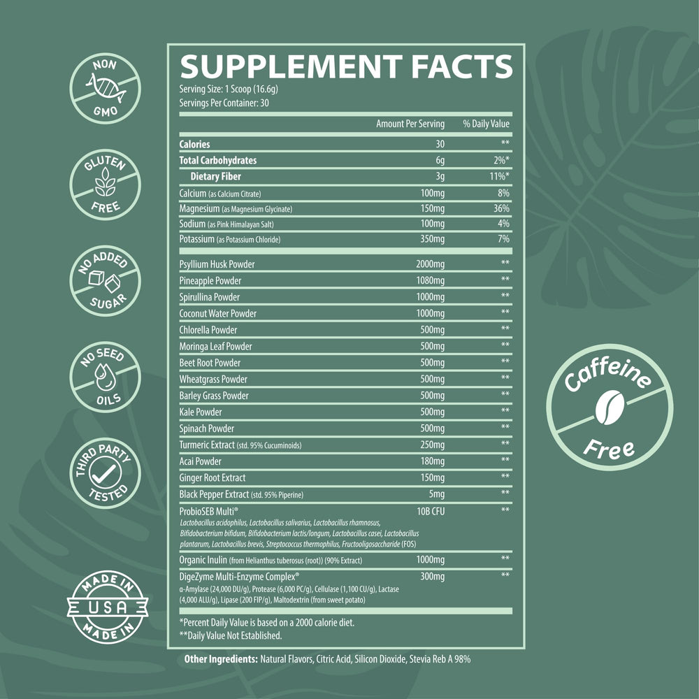 Herbal Ape Daily Greens spoon beside packaging emphasizes clean label and sugar-free promise.