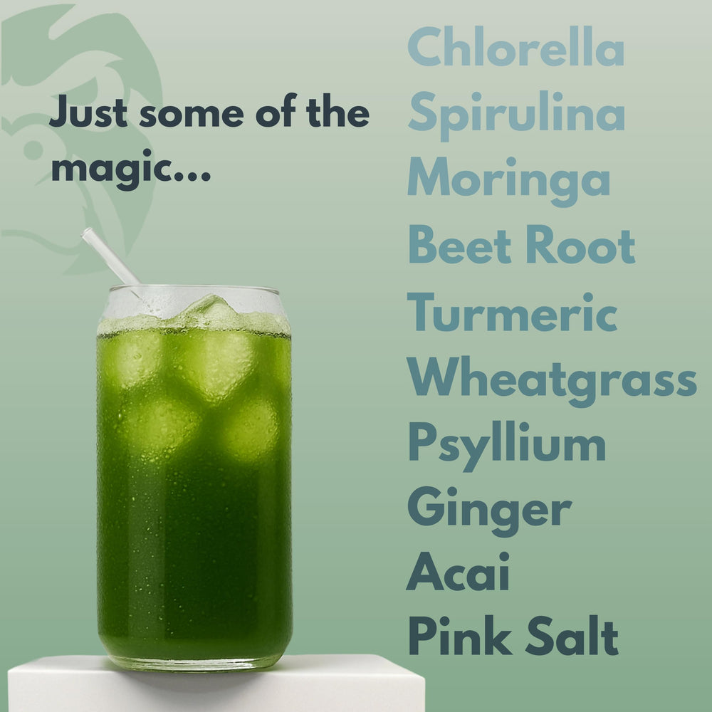 Herbal Ape Daily Greens ingredients tub highlights spirulina and chlorella.