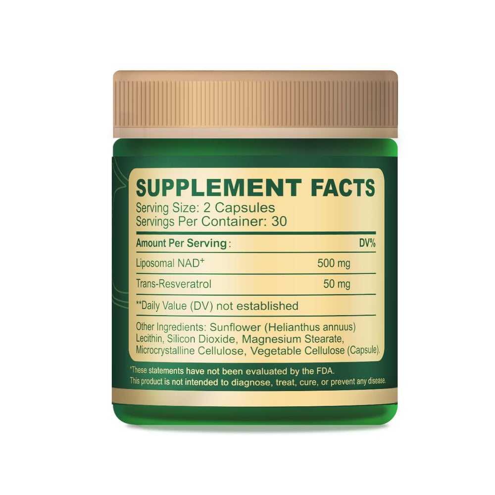 Herbal Bee Liposomal NAD capsules offering caffeine-free energy support.