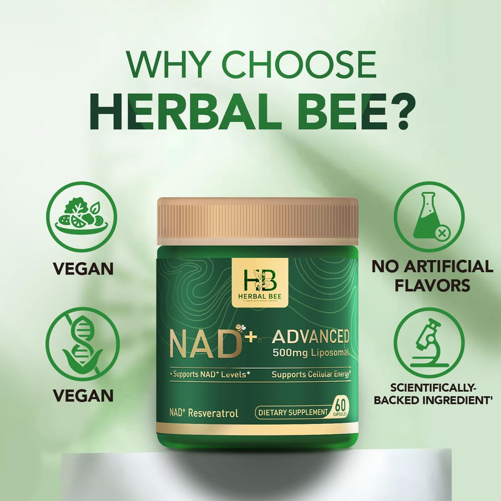 Herbal Bee Liposomal NAD label detail showing 500 mg NAD content.