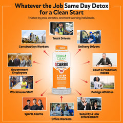 Herbal Clean Qcarbo16 orange bottle with glass demonstrates a convenient one-day cleanse.