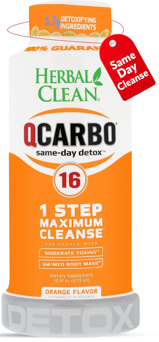 Herbal Clean Qcarbo16 orange bottle pour shows quick cleansing support for busy days.