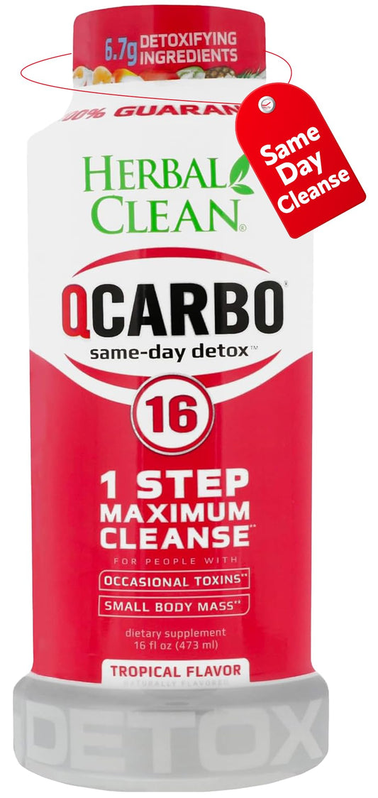 Herbal Clean Qcarbo16 tropical bottle front for on-the-go detox support