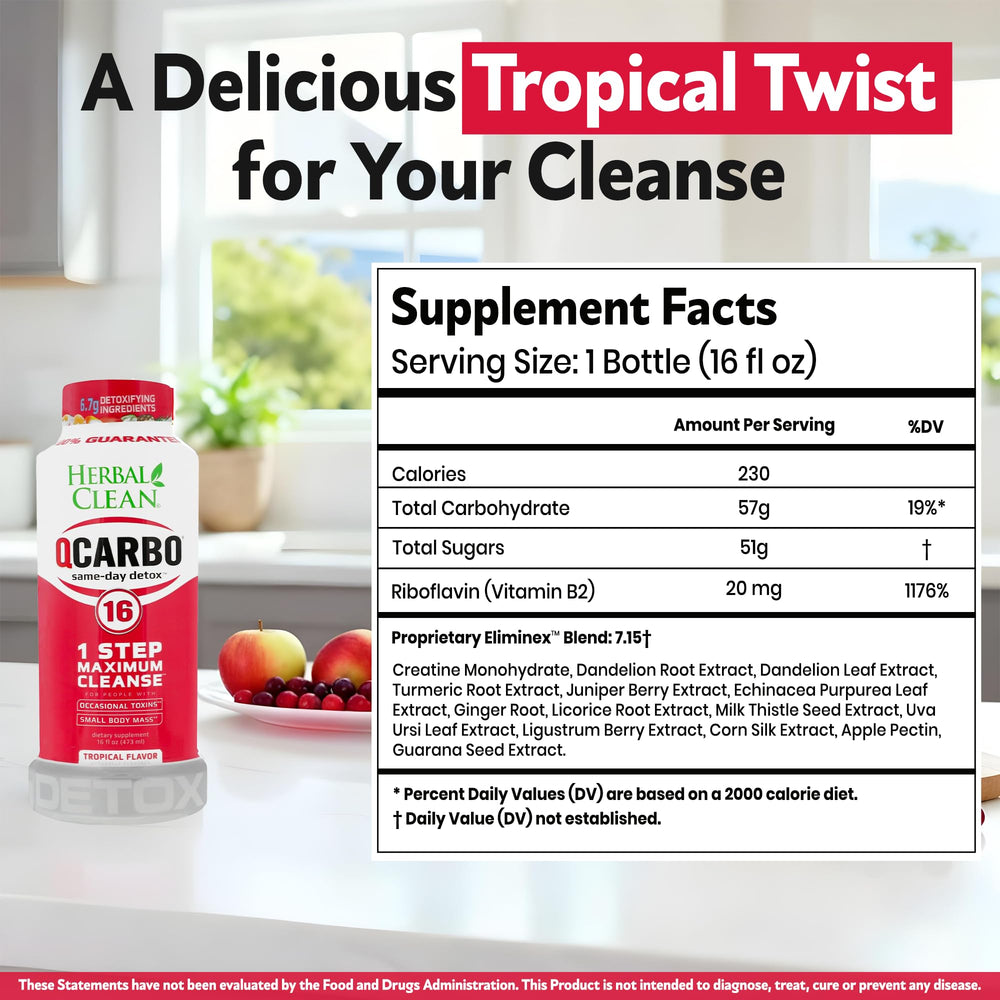 Herbal Clean Qcarbo16 tropical bottle being poured into a glass for quick cleansing