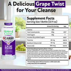 Herbal Clean Qcarbo32 bottle front highlights grape flavor and cleanse purpose.