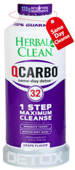 Herbal Clean Qcarbo32 bottle pour shows quick detox prep for a busy day.