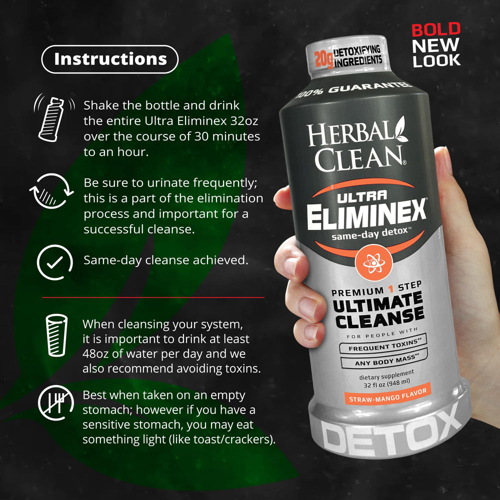 Eliminex bottle beside glass for a refreshing cleanse ritual