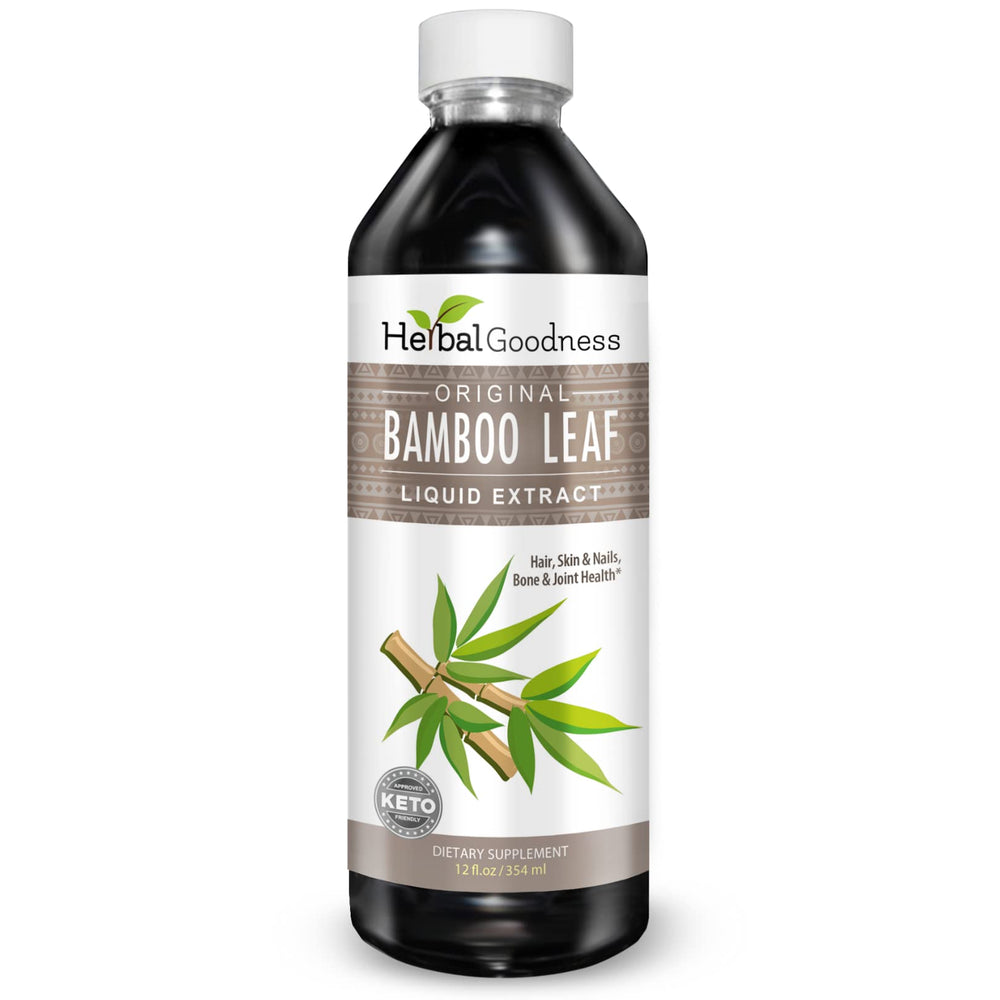Herbal Goodness bamboo silica bottle closeup for hair and nails support.