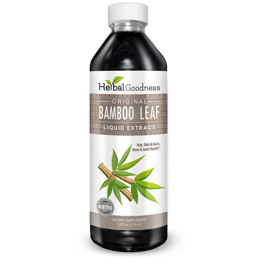 Herbal Goodness bamboo silica bottle closeup for hair and nails support.