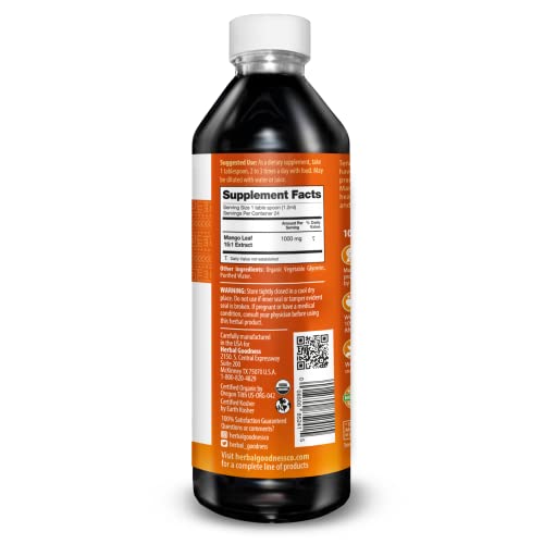 Herbal Goodness Mango Leaf Extract label closeup emphasizes organic quality and purity