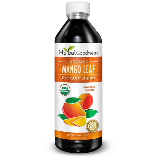 Herbal Goodness Mango Leaf Extract liquid bottle highlighting immune support potential