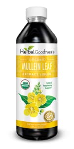 Herbal Goodness Mullein Drops label closeup highlights organic mullein extract.