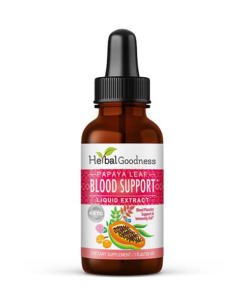 Herbal Goodness Papaya Leaf Blood Support bottle shows vegan and gluten-free formula for everyday wellness