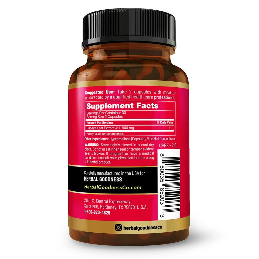 Herbal Goodness papaya leaf extract capsules close up showing 600 mg potency
