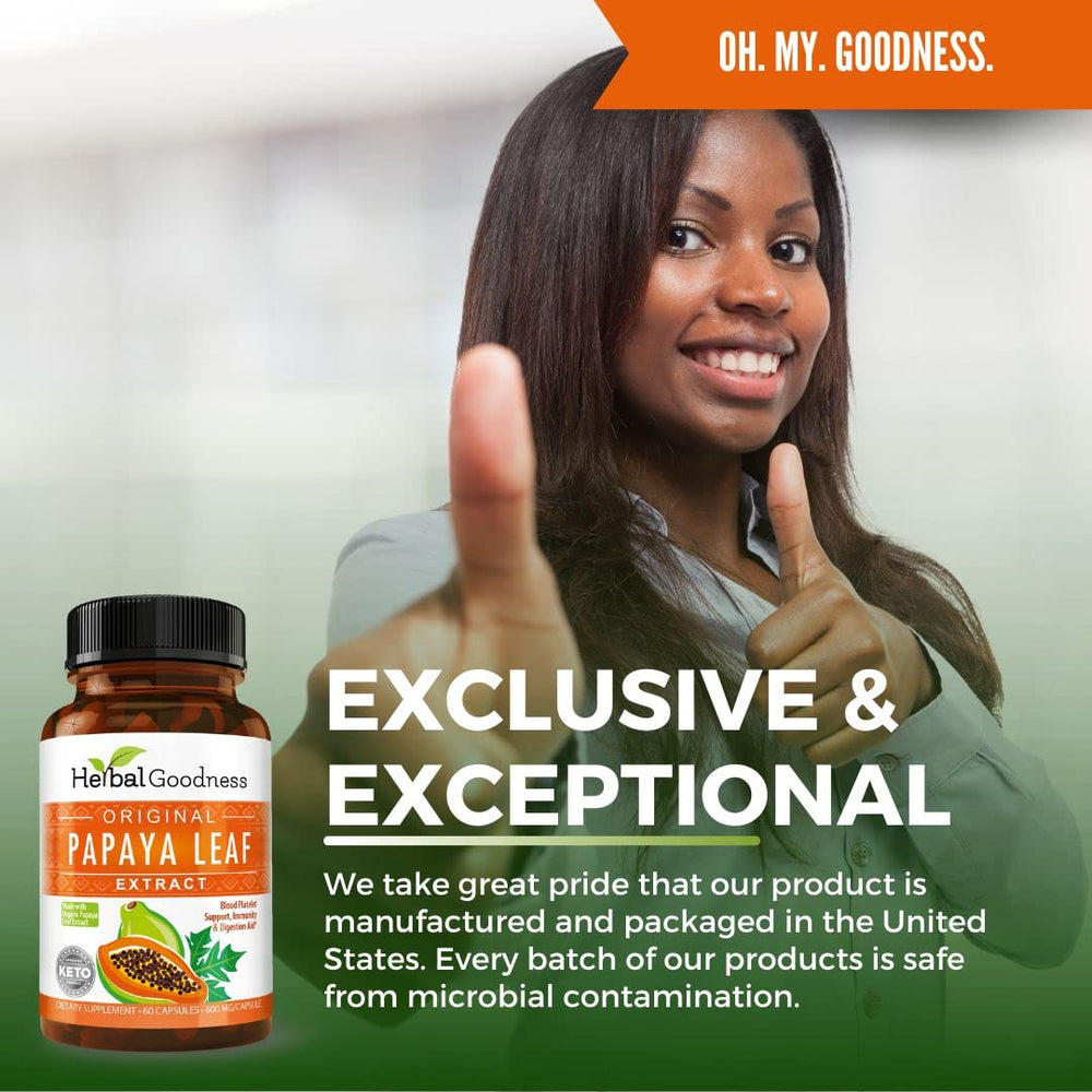 Herbal Goodness papaya leaf powder in bottle hints at concentrated digestive power