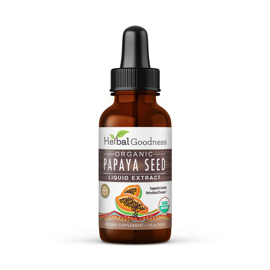 Herbal Goodness papaya seeds 1oz bottle for convenient gut-support capsules.