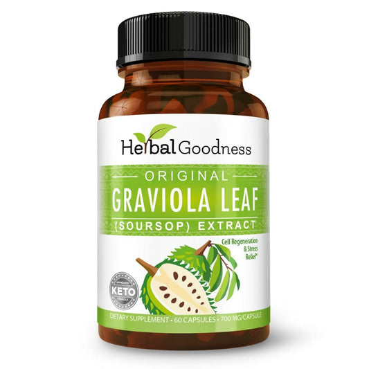 Herbal Goodness Soursop Capsules bottle highlighting 4x strength for daily wellness.