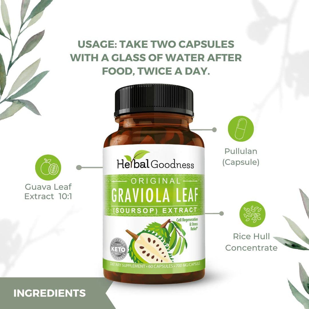 Close-up of Herbal Goodness Soursop Capsules showing 700mg serving size.
