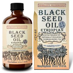 Herbal Organic Works Ethiopian Black Seed Oil bottle close-up for pure, cold-pressed quality.