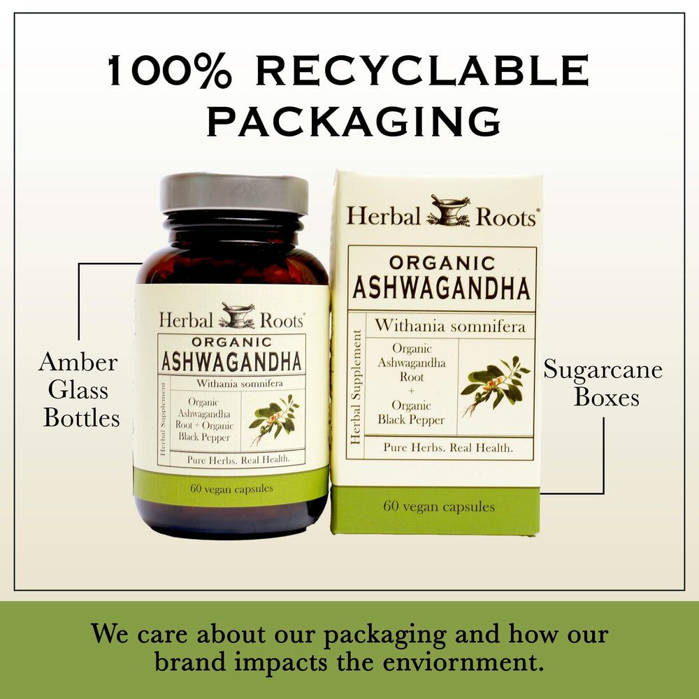 Herbal Roots Ashwagandha Capsules back label with ingredients and usage.