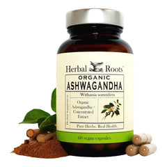 Herbal Roots Ashwagandha Capsules bottle for daily wellness.