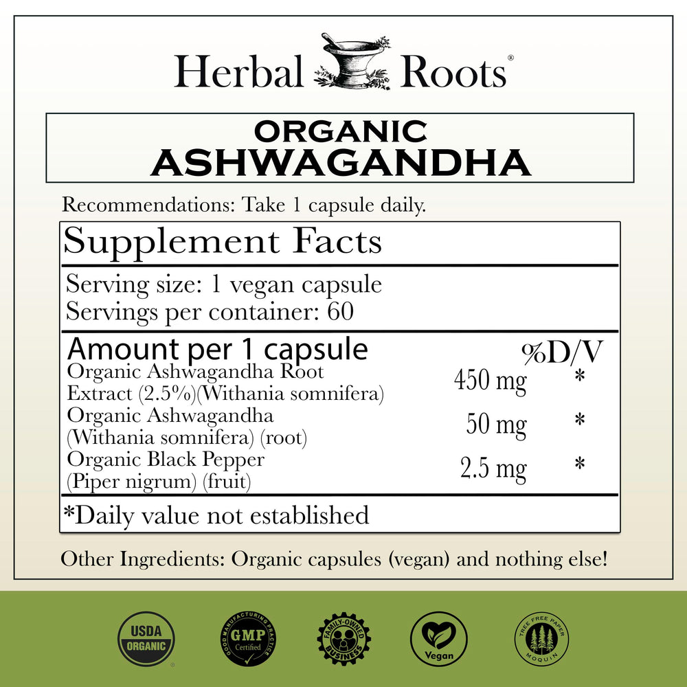 Herbal Roots Ashwagandha Capsules label highlighting vegan formula.