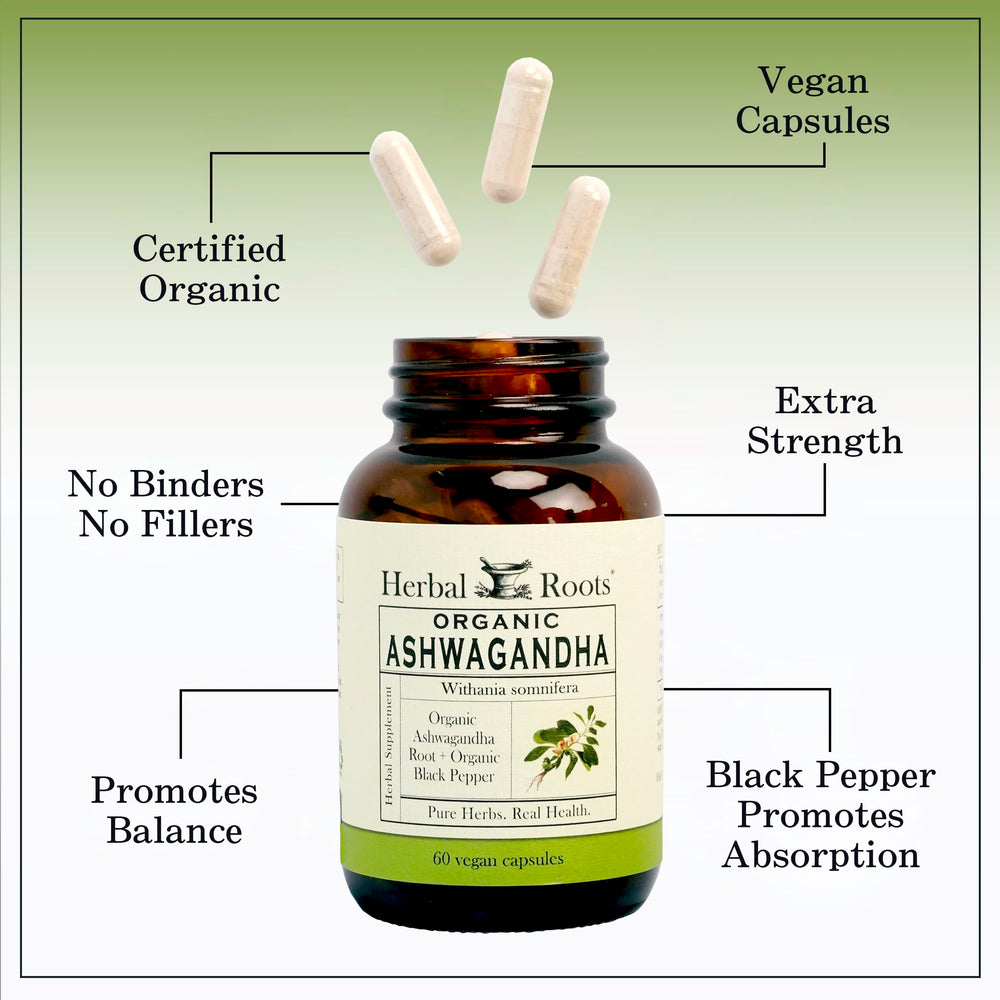 Herbal Roots Ashwagandha Capsules pouring from bottle for quick use.