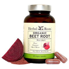 Herbal Roots beet root capsules bottle showing 1,500 mg per serving for daily wellness.