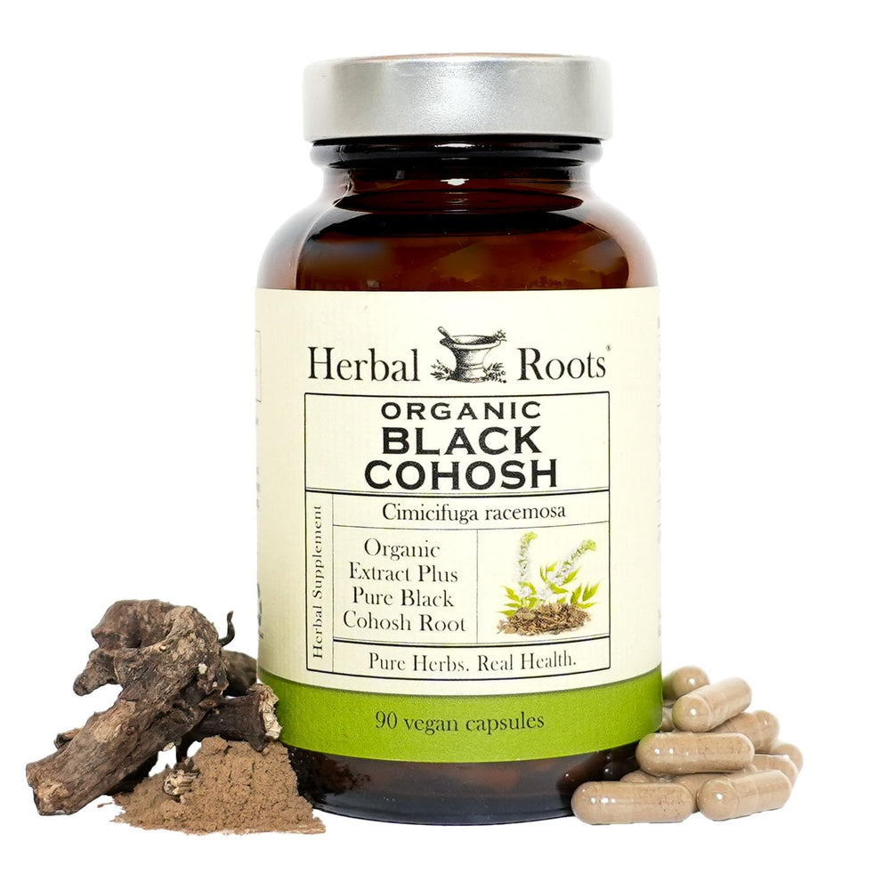 Herbal Roots Black Cohosh capsules for menopause support and daily wellness.