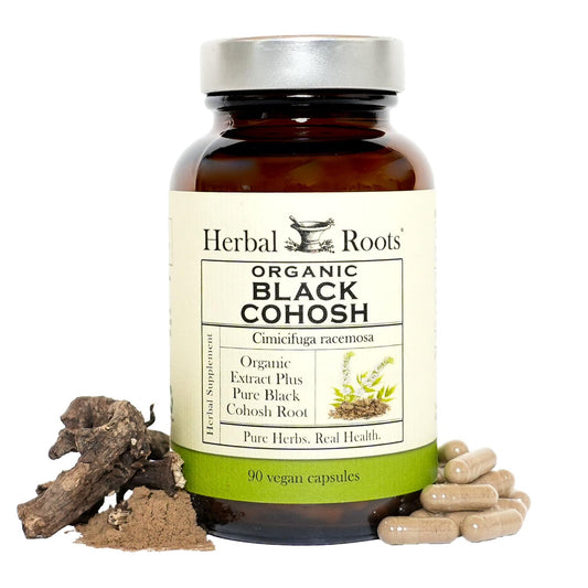 Herbal Roots Black Cohosh capsules for menopause support and daily wellness.