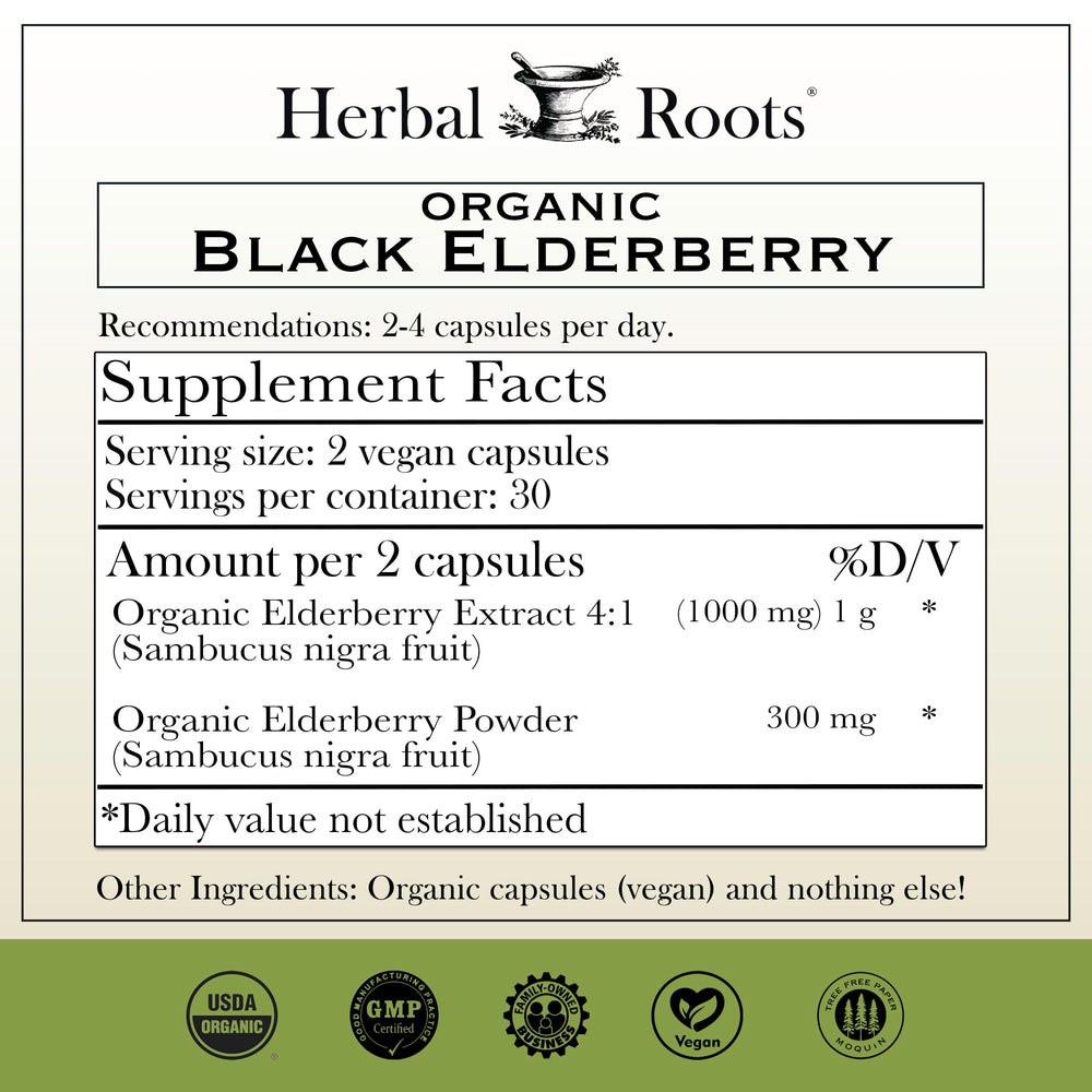 Herbal Roots Elderberry capsules packaging highlights organic Sambucus and vegan-friendly design.
