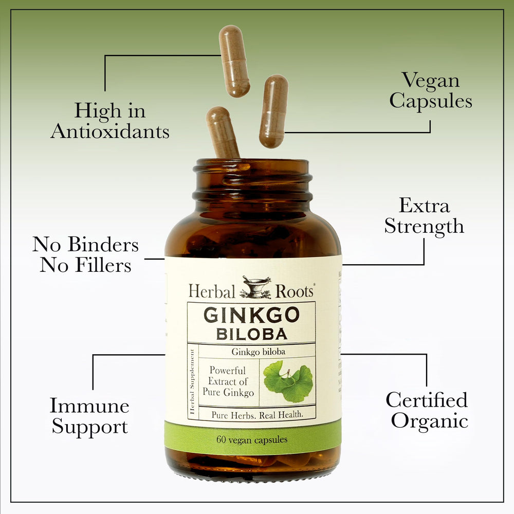 Herbal Roots Ginkgo biloba bottle back-label – cGMP quality and third-party testing.
