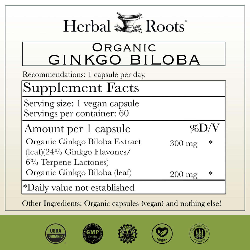 Herbal Roots Ginkgo biloba extract vegan capsules – convenient daily brain support.