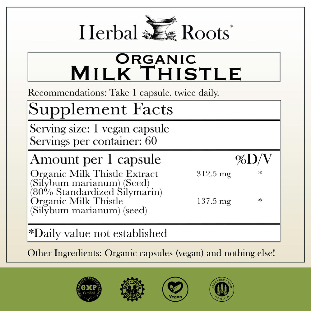 Herbal Roots Milk Thistle bottle side – convenient everyday liver and digestion support.