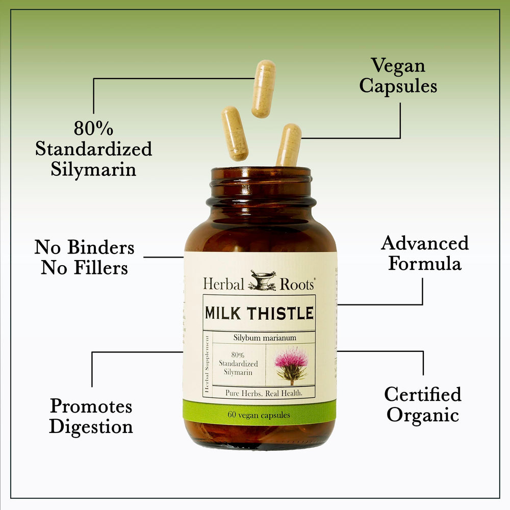 Herbal Roots Milk Thistle label closeup – cGMP-certified quality and third-party tested assurance.