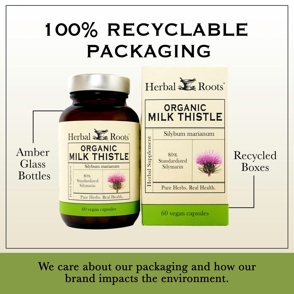 Herbal Roots Milk Thistle packaging natural – evidence of pure ingredients with no binders or fillers.